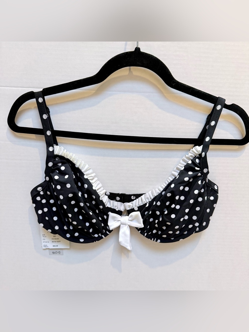BIKINI TOP BOMBSHELL RETRO SWIM TOP BLACK WHITE BOW POLKA DOTS GOTTEX 36D NWT